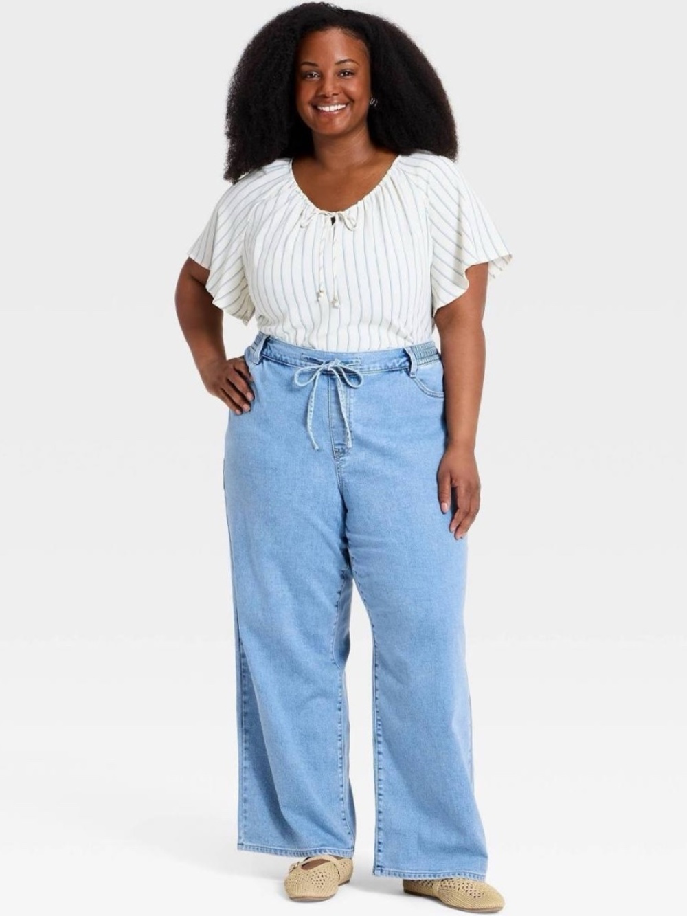 Ava & Viv Women's High-Rise Tie-Front Straight Leg Beach Jeans
